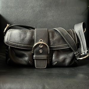 Coach black leather Hampton Soho purse, authentic shoulder bag silver hardware.